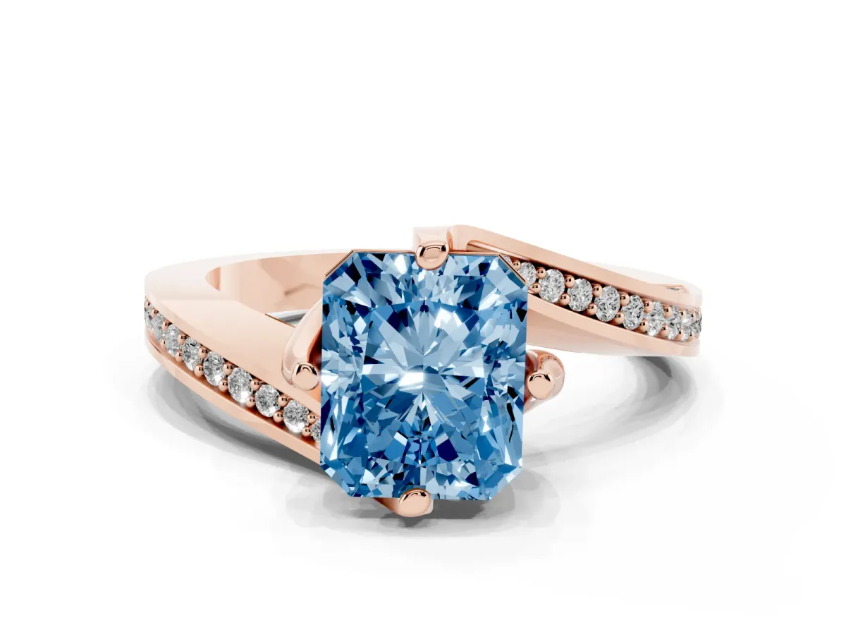 Fancy Blue Radiant Cut Solitaire Diamond Twist Band with Pavé Setting and Four-Prong Setting Rose gold