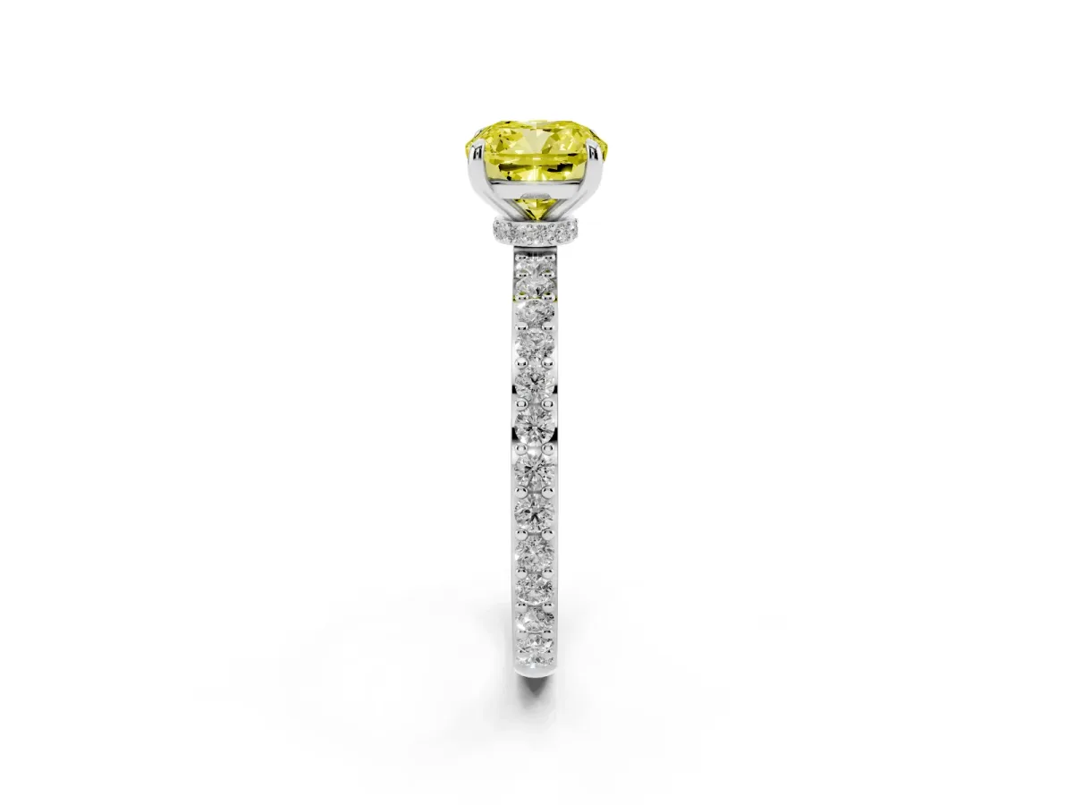 Fancy Yellow Cushion Cut Diamond Solitaire Engagement Ring with Pavé Band and Four-Prong Setting White gold