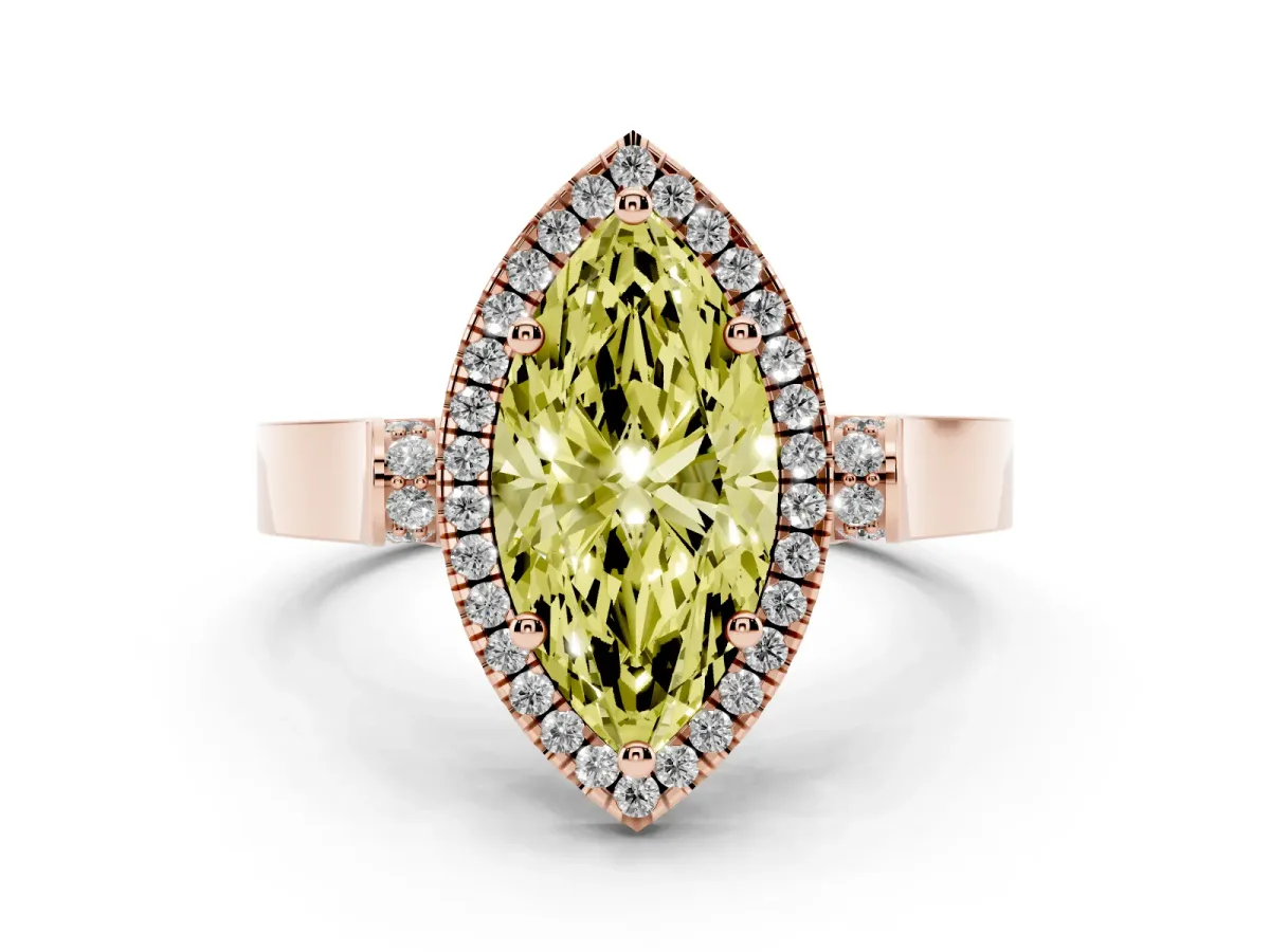 Fancy Yellow Marquise Cut Halo Round Diamond Twist Band with Four-Prong Setting Rose gold