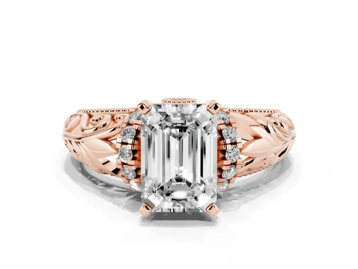 Emerald Cut Solitaire Filigree Engagement Ring with Halo and Prong Setting Rose gold