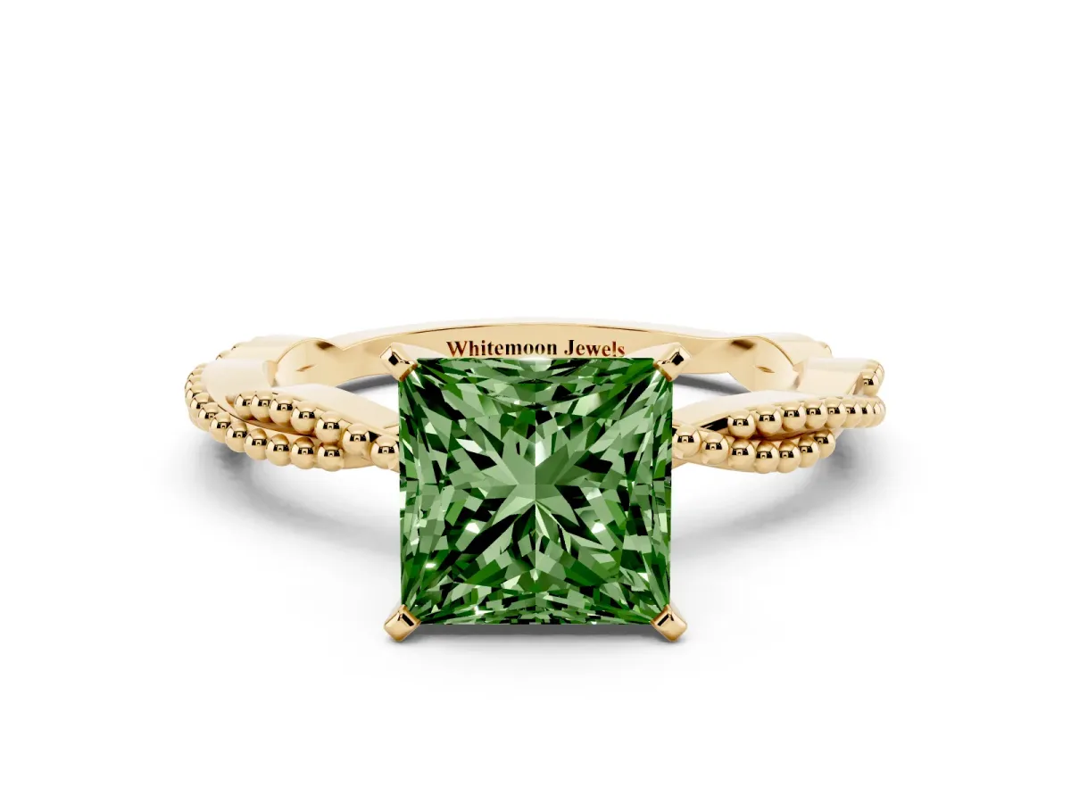 Fancy Green Princess Cut Solitaire Twisted Band with Bead Prong Setting Yellow gold