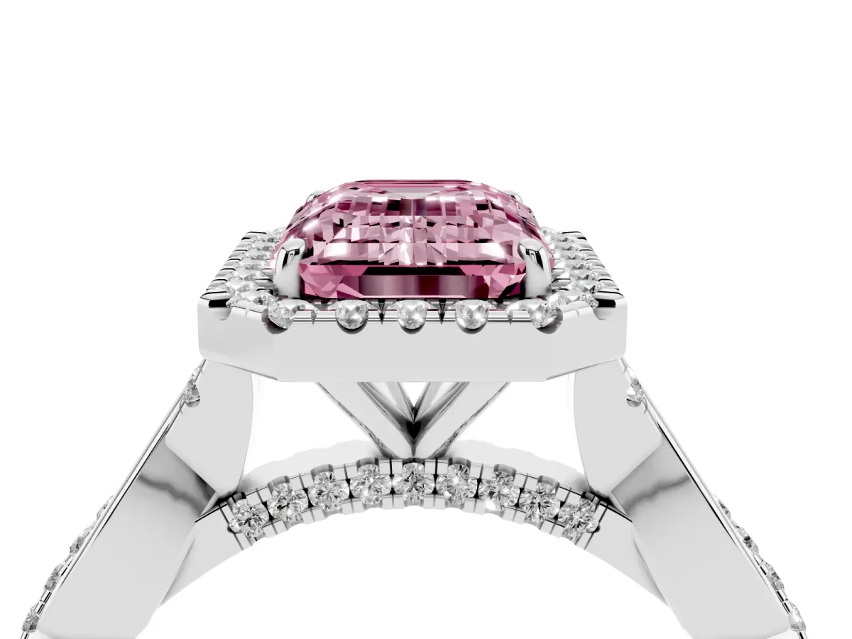 Fancy Pink Emerald Cut Halo Twist Band Solitaire Ring Silver