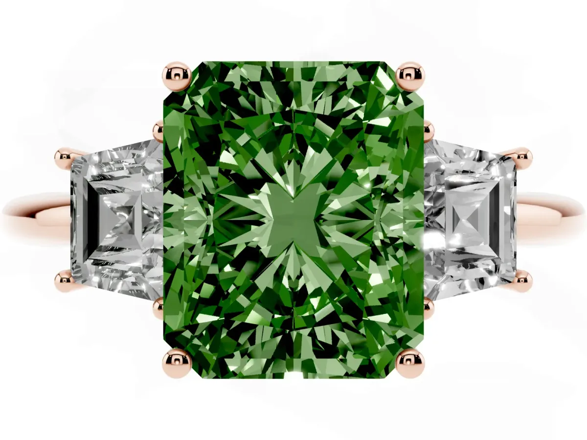 Fancy Green Radiant Cut Diamond Three-Stone Ring with Trapezoid Side Stones and Prong Setting Rose gold