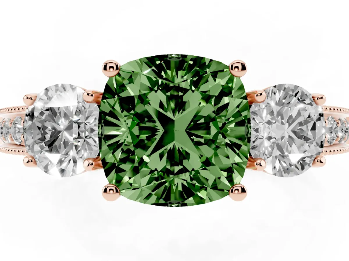 Fancy Green Cushion Cut Three-Stone Diamond Ring with Pavé Band and Four-Prong Setting Rose gold