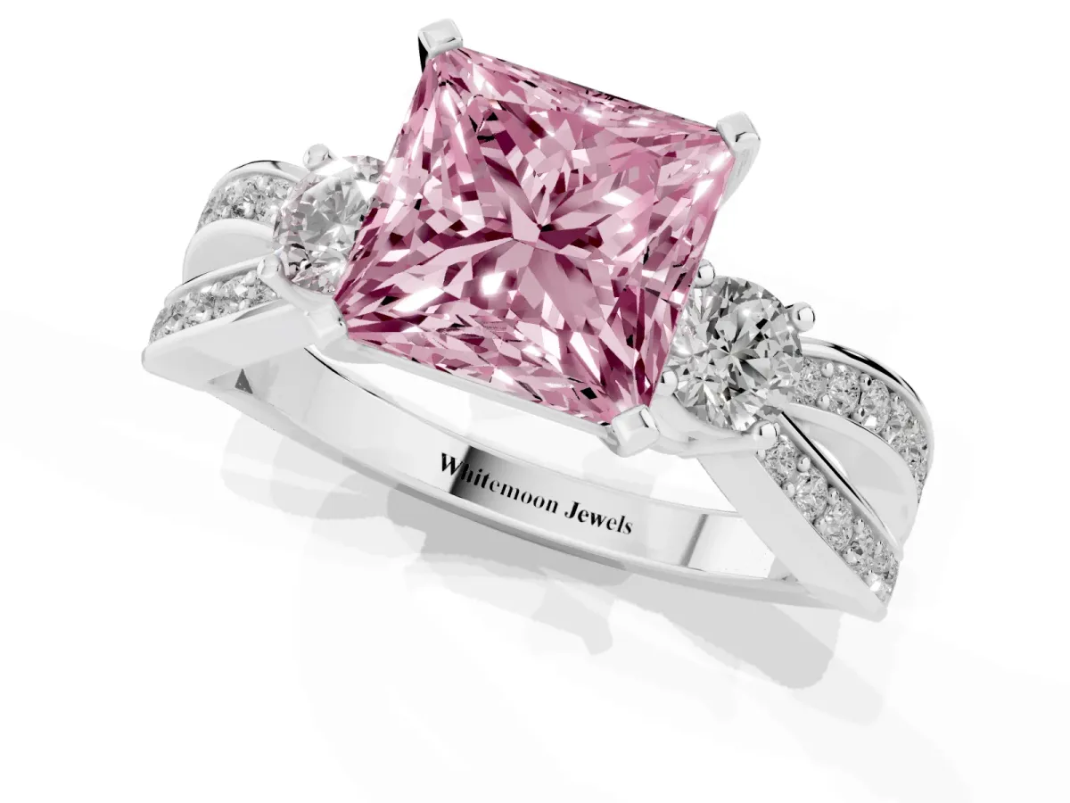 Fancy Pink Three-Stone Princess Cut Cut Diamond Twist Band with Prong Setting Silver