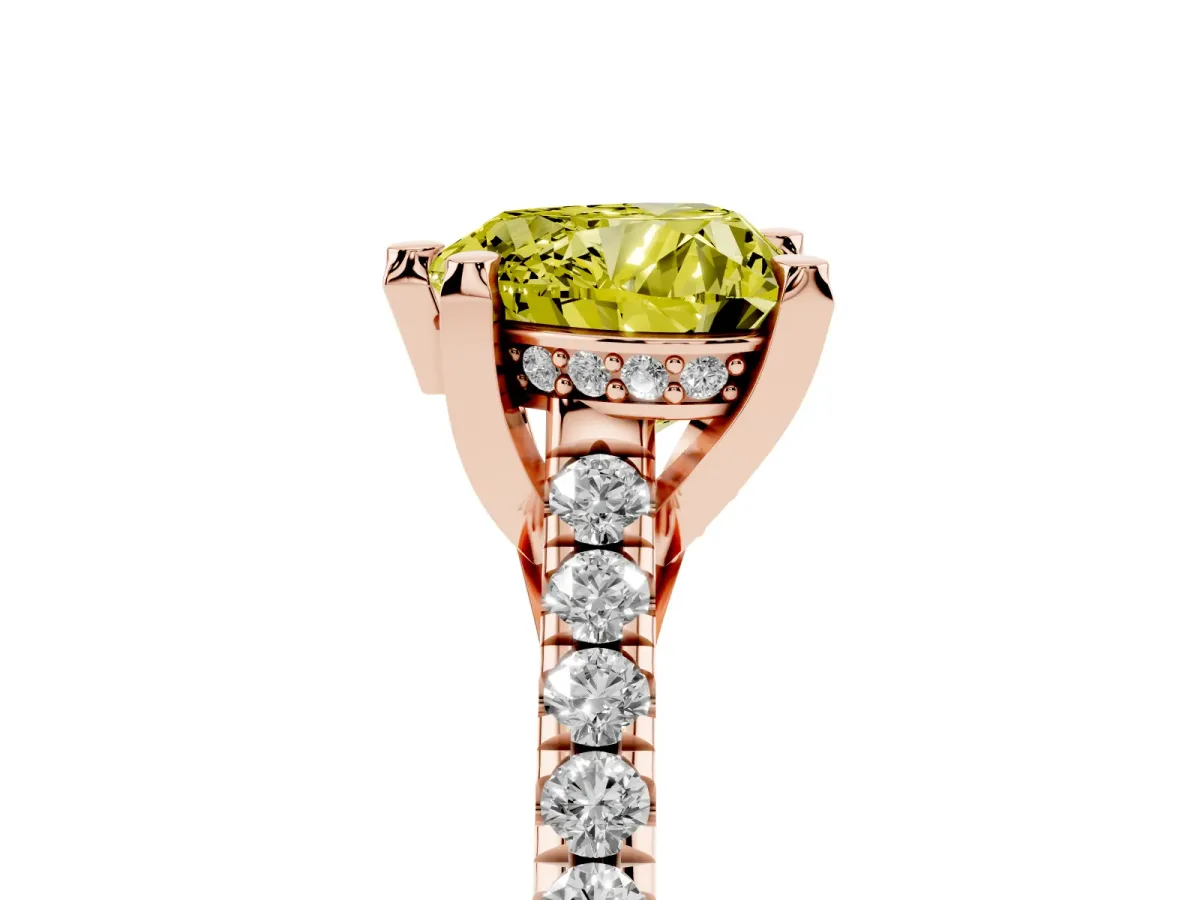Fancy Yellow Heart Cut Brilliant Diamond Solitaire with Pavé Band and Four-Prong Setting Rose gold