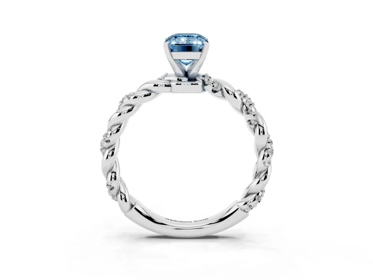 Fancy Blue Emerald Cut Diamond Solitaire Ring with Twisted Band and Pavé Accents White gold