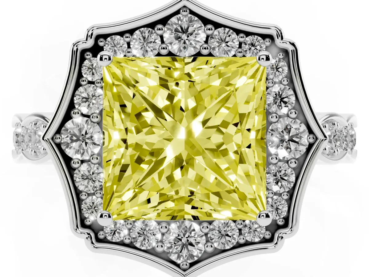 Fancy Yellow Princess Cut Halo Diamond Engagement Ring with Milgrain Band and Four-Prong Setting Silver