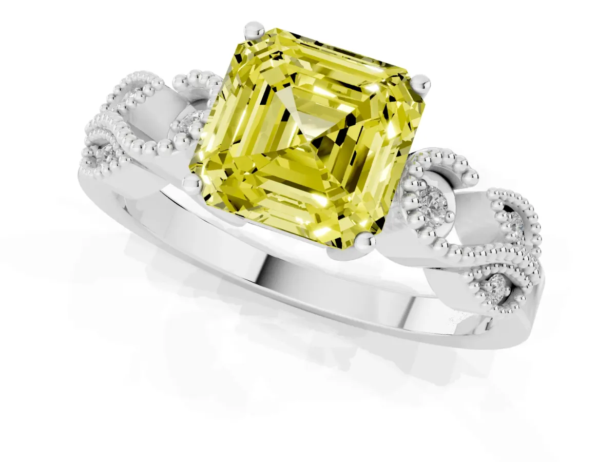 Fancy Yellow Asscher Cut Solitaire Milgrain Leaf Band with Prong Setting Silver
