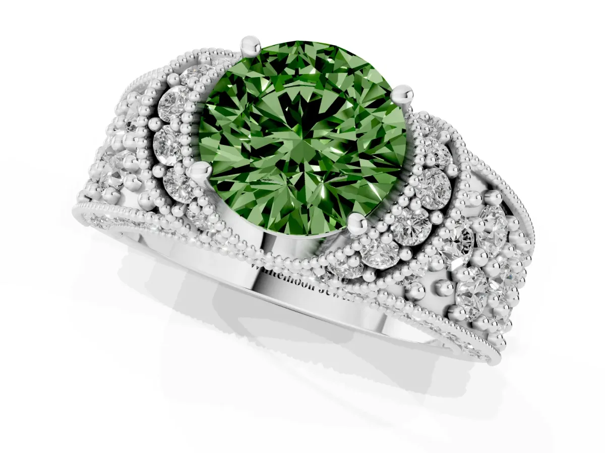 Fancy Green Round Cut Halo Pave Diamond Engagement Ring with Milgrain Detailing Silver