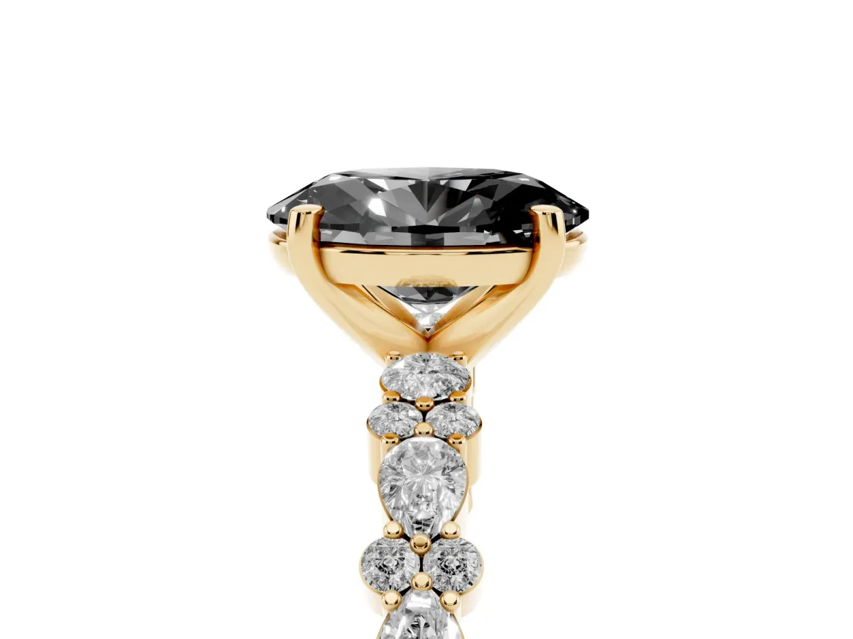 Fancy Black Oval Cut Diamond Side Stone Solitaire Ring with Round and Four-Prong Setting Yellow gold