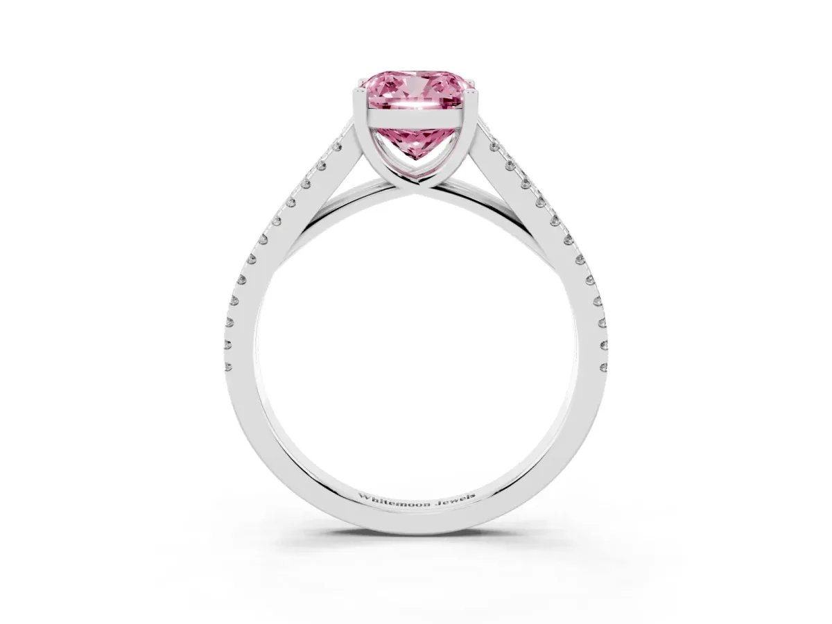 Fancy Pink Cushion Cut Diamond Solitaire Engagement Ring with Split Shank Pavé Band Silver