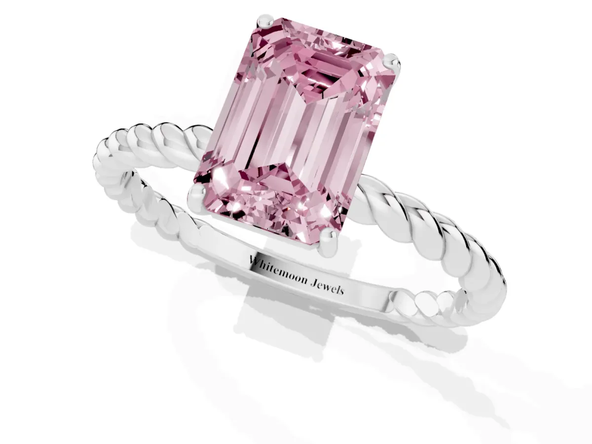 Fancy Pink Emerald Cut Solitaire Twisted Band 4-Prong Ring Silver
