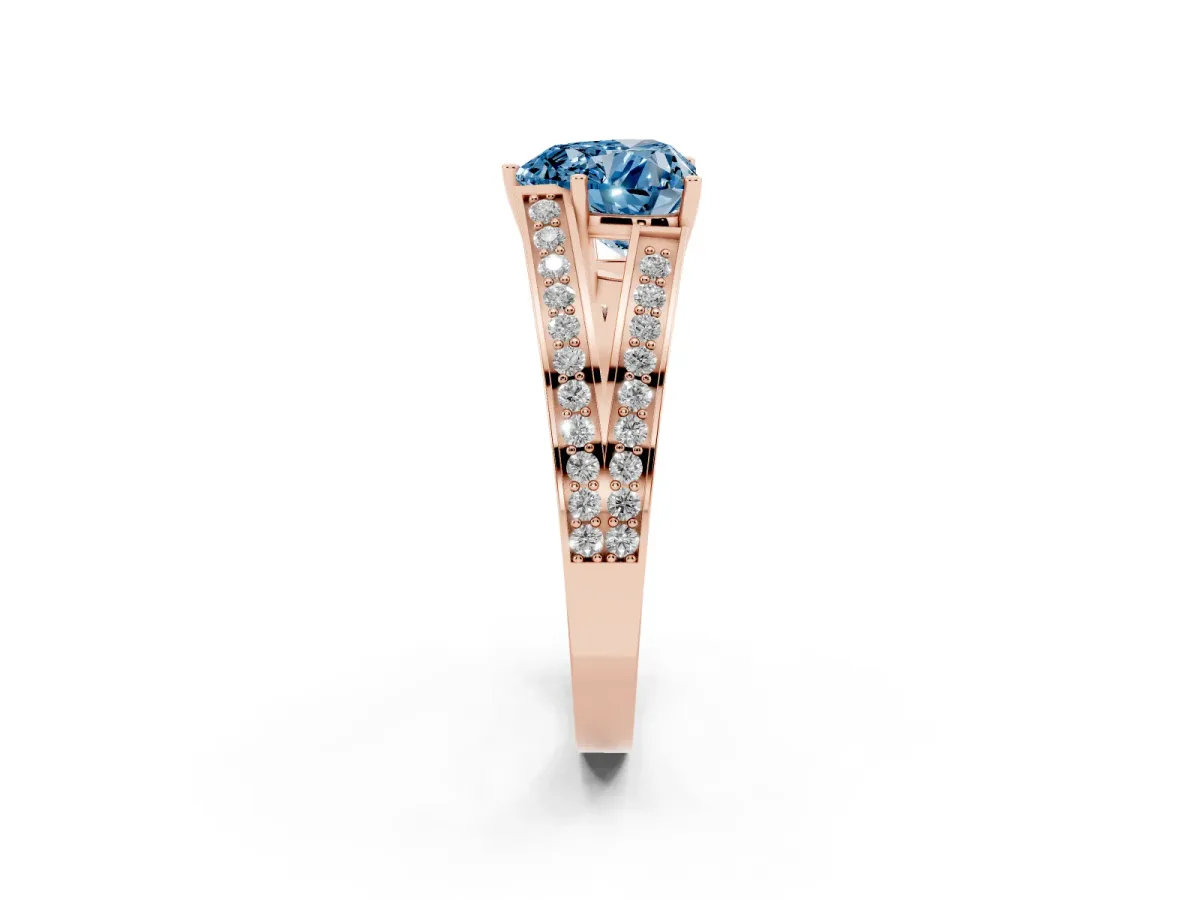 Fancy Blue Heart Cut Diamond Split Shank Ring with Pavé Band and Four-Prong Setting Rose gold