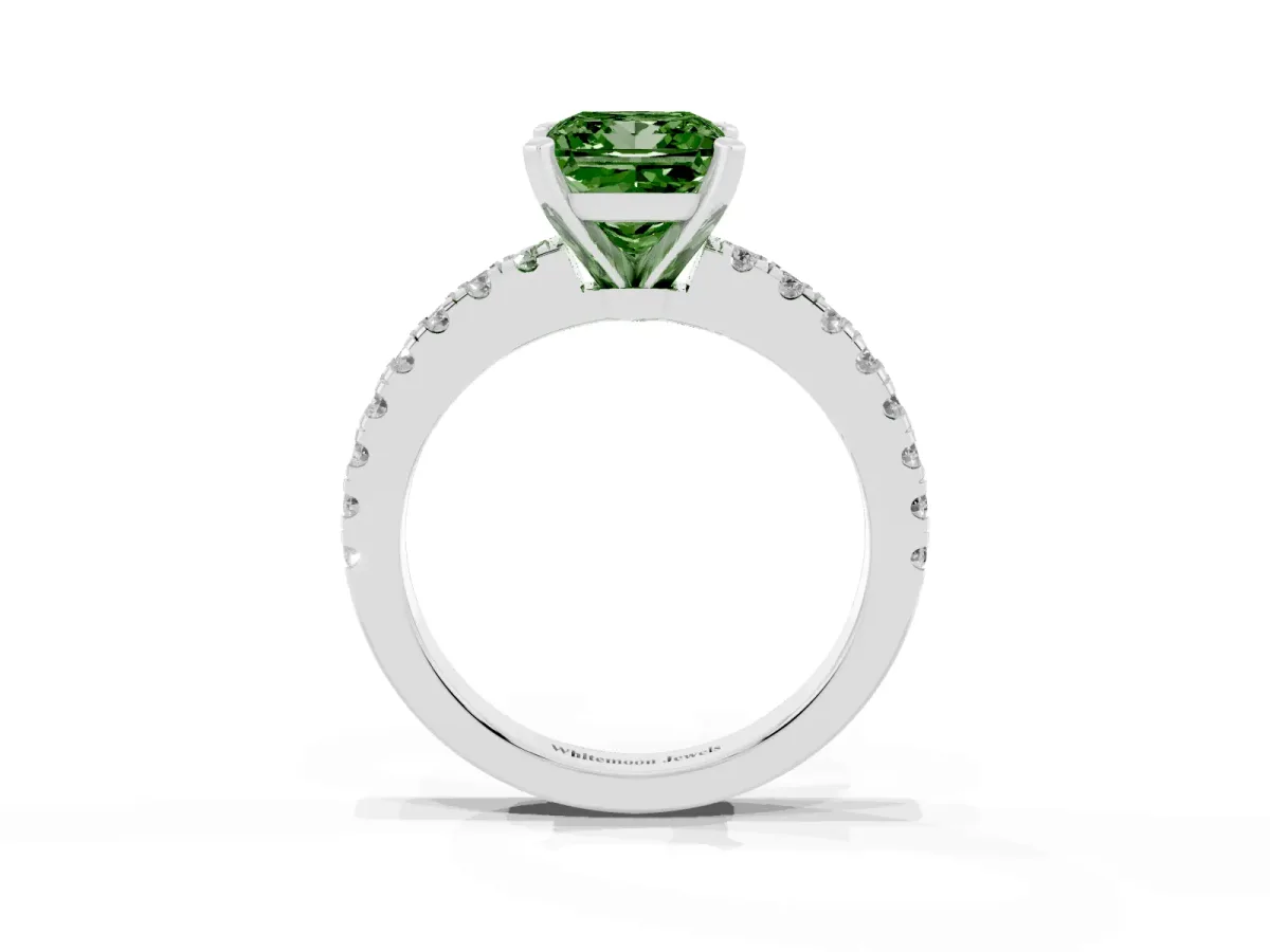 Fancy Green Princess Cut Solitaire Diamond with Pavé Band and Four-Prong Setting Platinum
