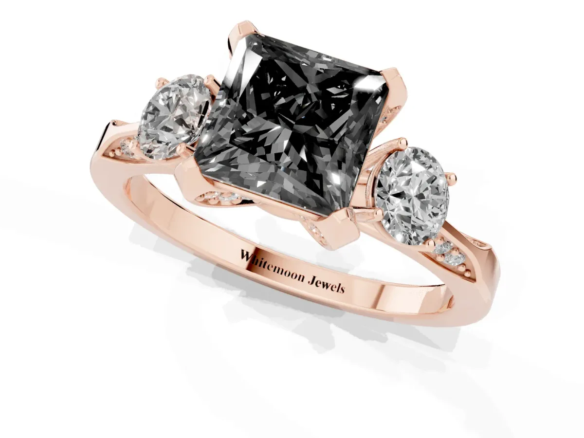 Fancy Black Princess Cut Brilliant Three-Stone Diamond Ring with Pavé Band and Four-Prong Setting Rose gold