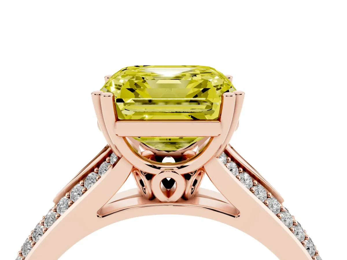 Fancy Yellow Asscher Cut Diamond Split Shank Engagement Ring with Pavé Band Rose gold