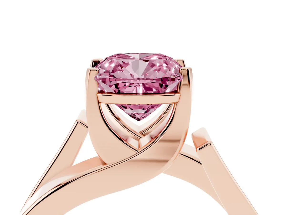 Fancy Pink Modern Tension Set Cushion Cut Diamond Solitaire Wide Band Ring Rose gold