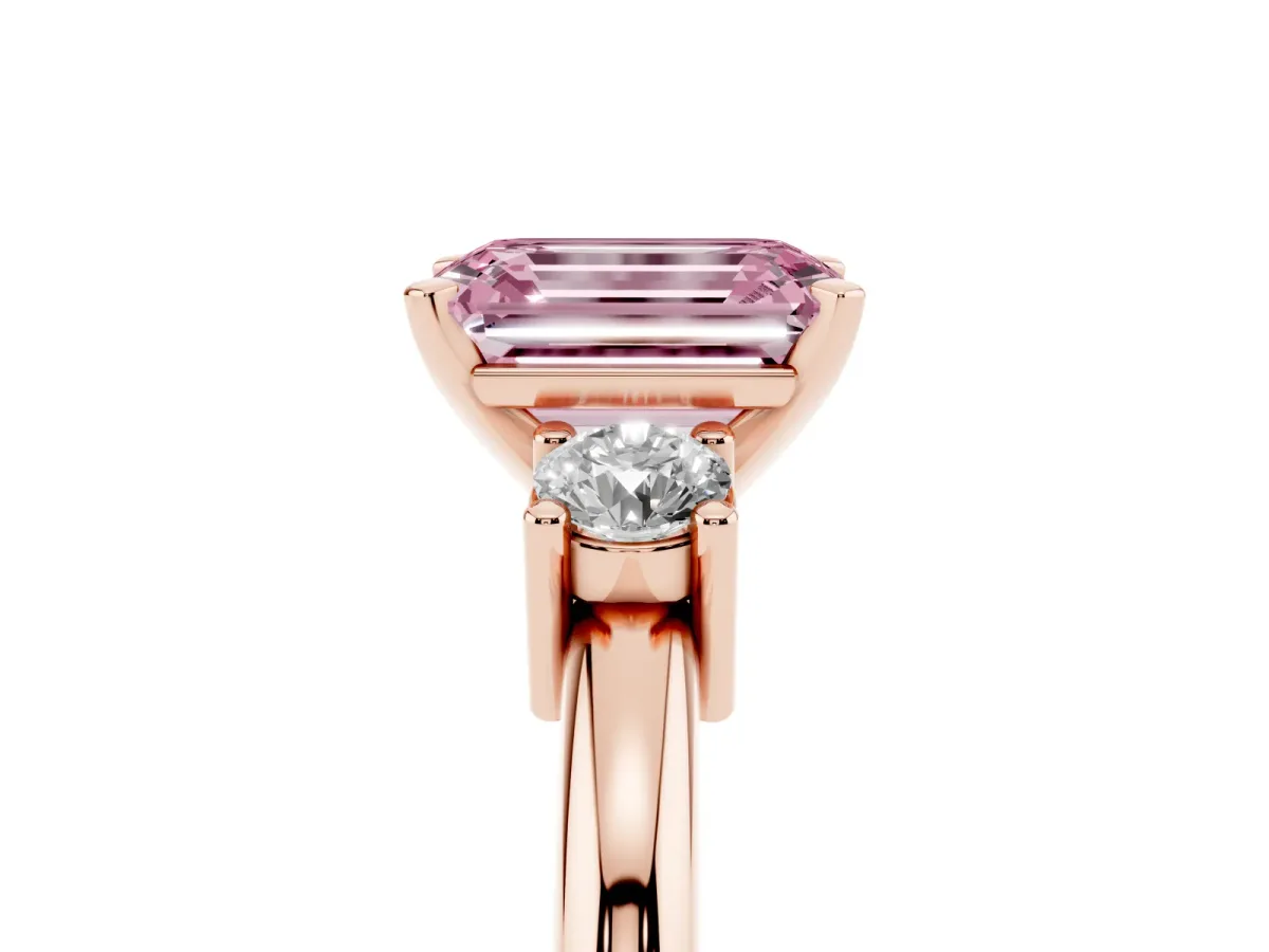 Fancy Pink Three-Stone Emerald Cut Cut Diamond Solitaire with Prong Setting and Classic Band Rose gold