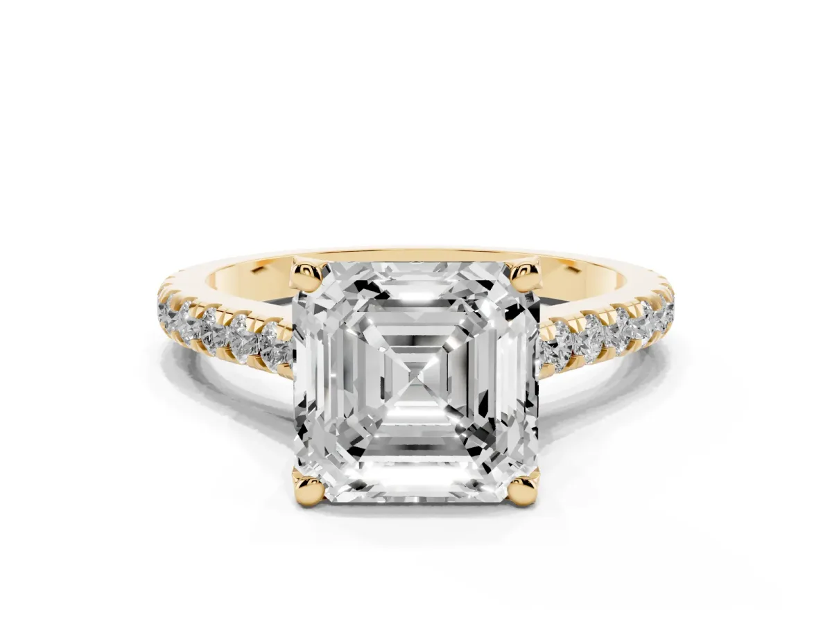 Asscher Cut Brilliant Diamond Solitaire with Pavé Band and Four-Prong Setting Yellow gold