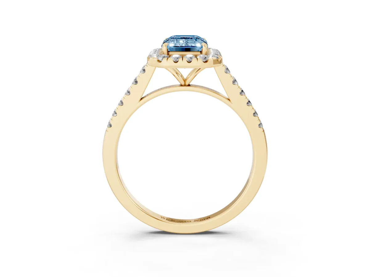 Fancy Blue Emerald Cut Halo Pave Diamond Engagement Ring with Four-Prong Setting Yellow gold