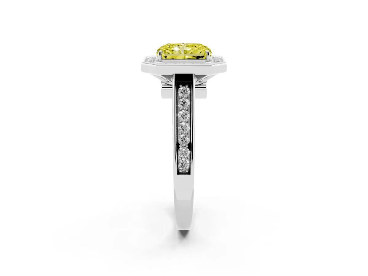 Fancy Yellow Radiant Cut Halo Solitaire Diamond Ring with Pave Band and Bezel Setting Platinum