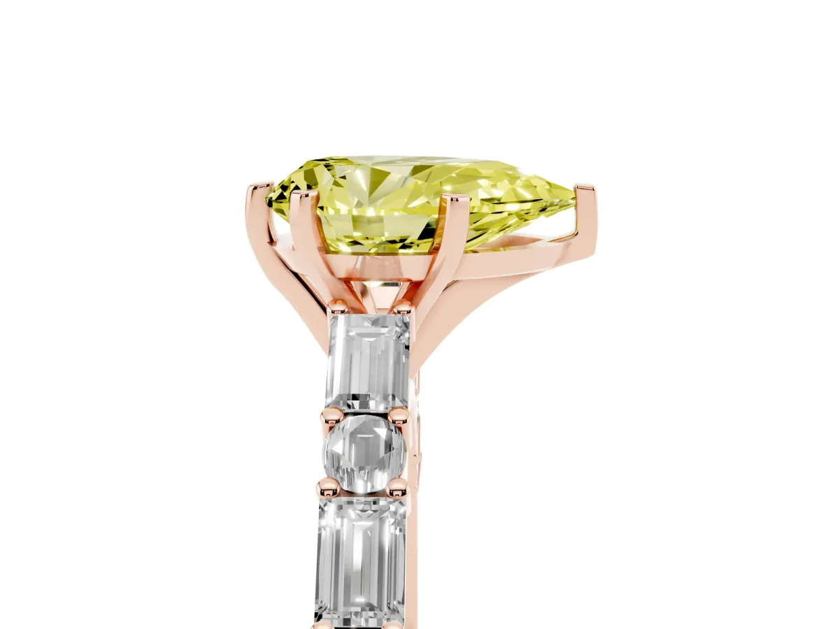 Fancy Yellow Pear Cut Diamond Solitaire with Side Baguettes and Channel Set Band Rose gold