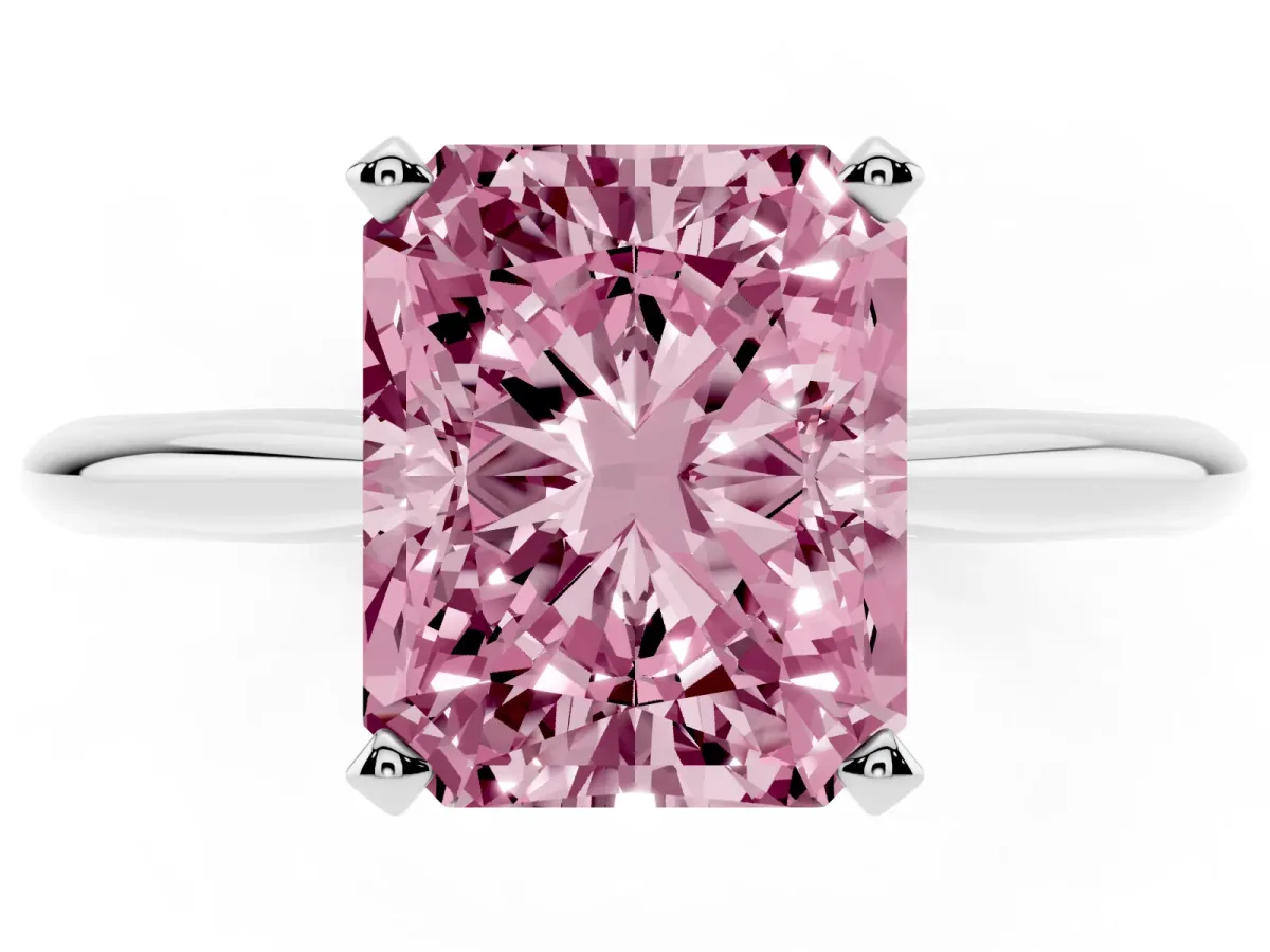 Fancy Pink Radiant Cut Cut Solitaire Ring with Four-Prong Setting on a Classic Band Silver