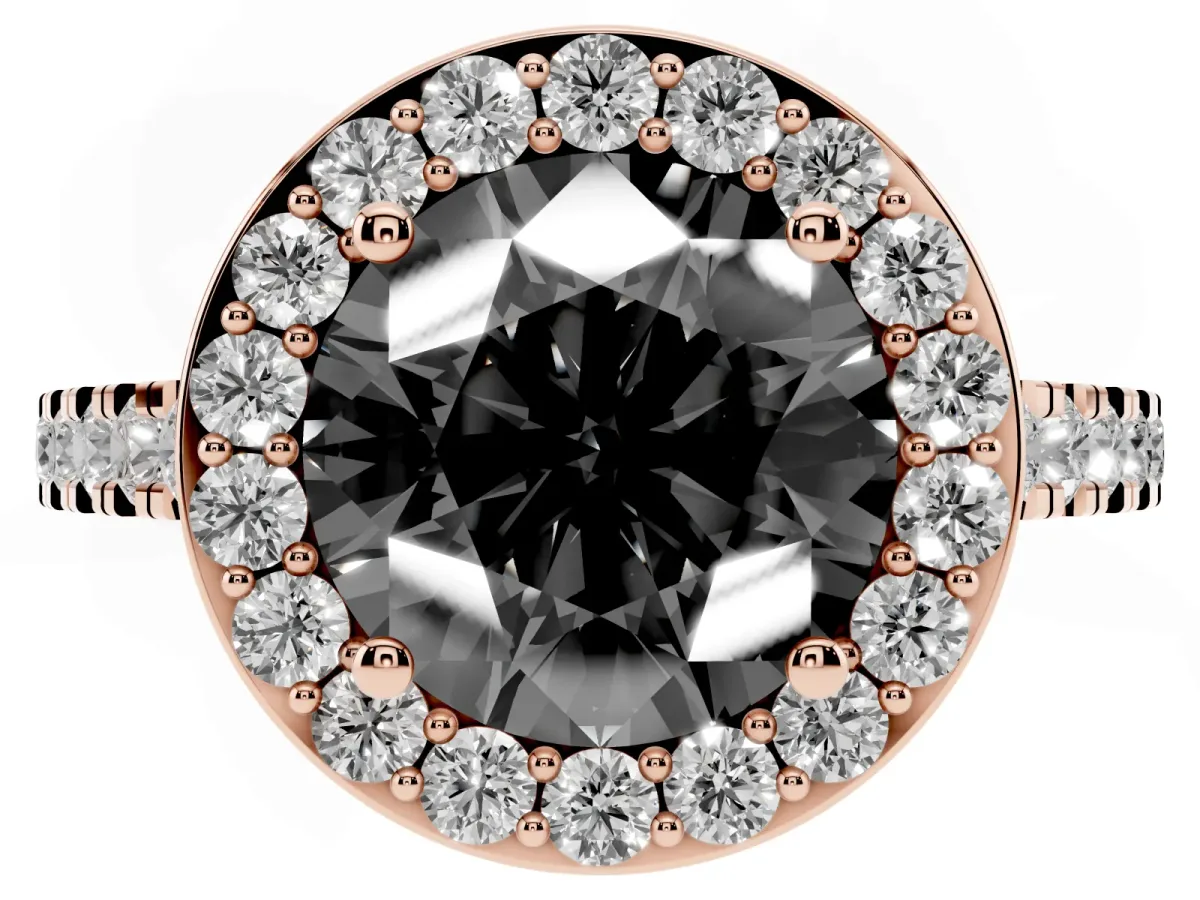 Fancy Black Round Cut Diamond Halo Ring with Round Pavé Split Shank and Prong Setting Rose gold