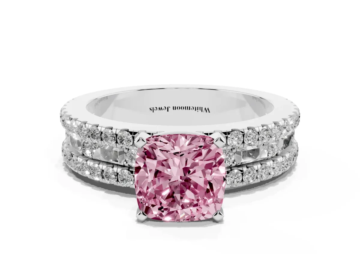 Fancy Pink Cushion Cut Diamond Solitaire Ring with Pavé and Channel Set Band Platinum