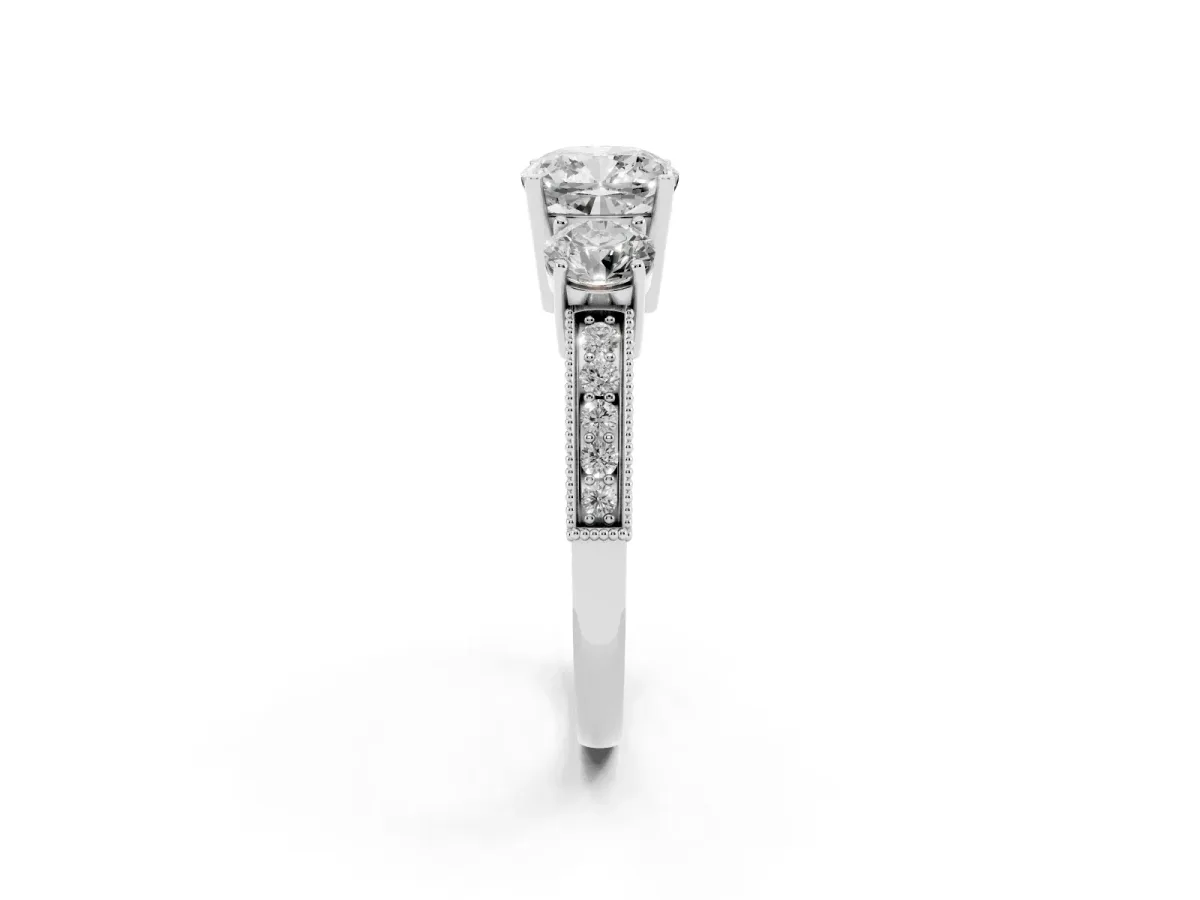 Cushion Cut Three-Stone Diamond Ring with Pavé Band and Four-Prong Setting Silver