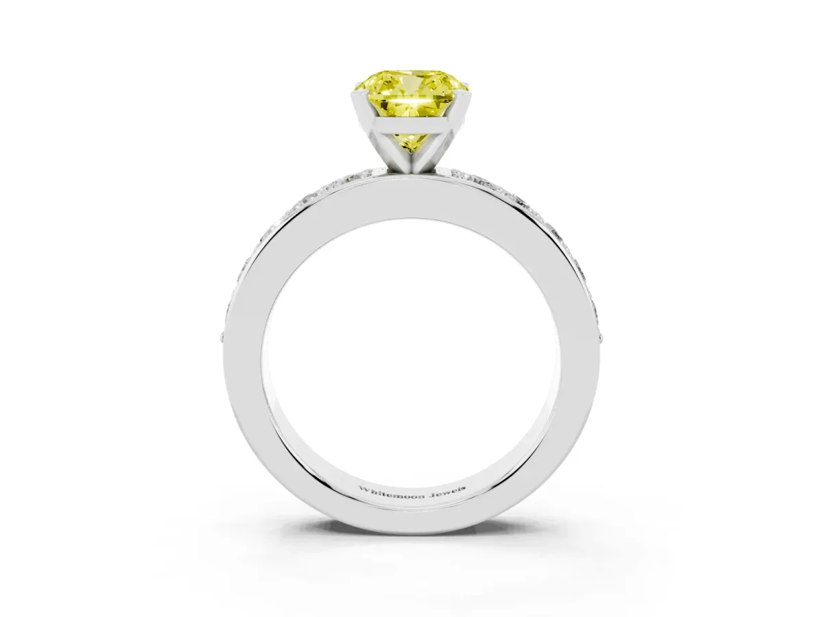 Fancy Yellow Cushion Cut Diamond Engagement Ring with Channel Set Round Band and Prong Setting Silver