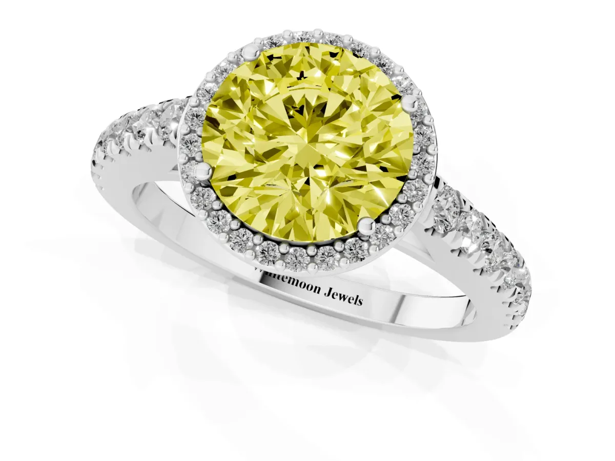 Fancy Yellow Round Cut Cut Halo Diamond Engagement Ring with Pave Band and Four-Prong Setting White gold