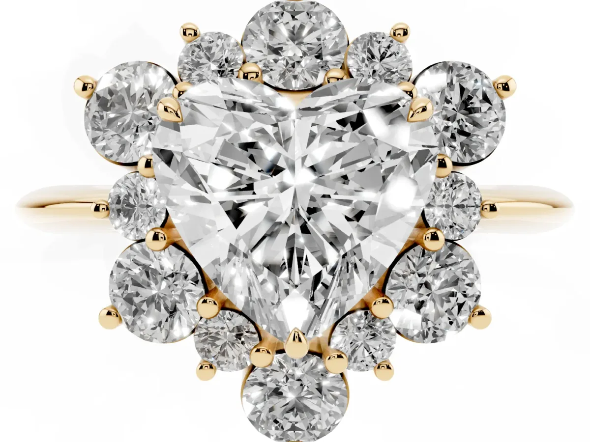 Heart Cut Diamond Cluster Halo Ring with Solitaire Band and Four-Prong Setting Yellow gold