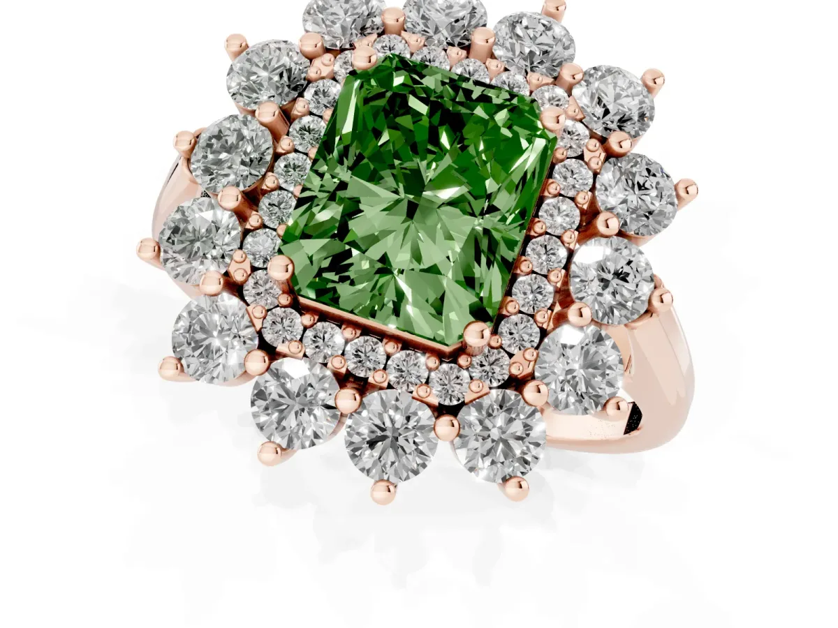 Fancy Green Radiant Cut Diamond Floral Double Halo Engagement Ring with Prong Setting Rose gold