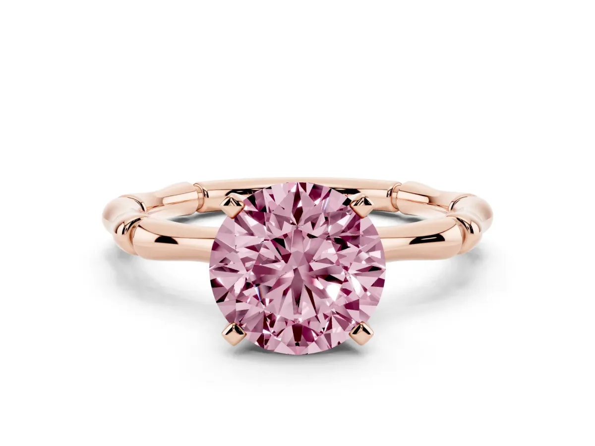 Fancy Pink Round Cut Solitaire Diamond Ring with Bamboo Band and Four-Prong Setting Rose gold