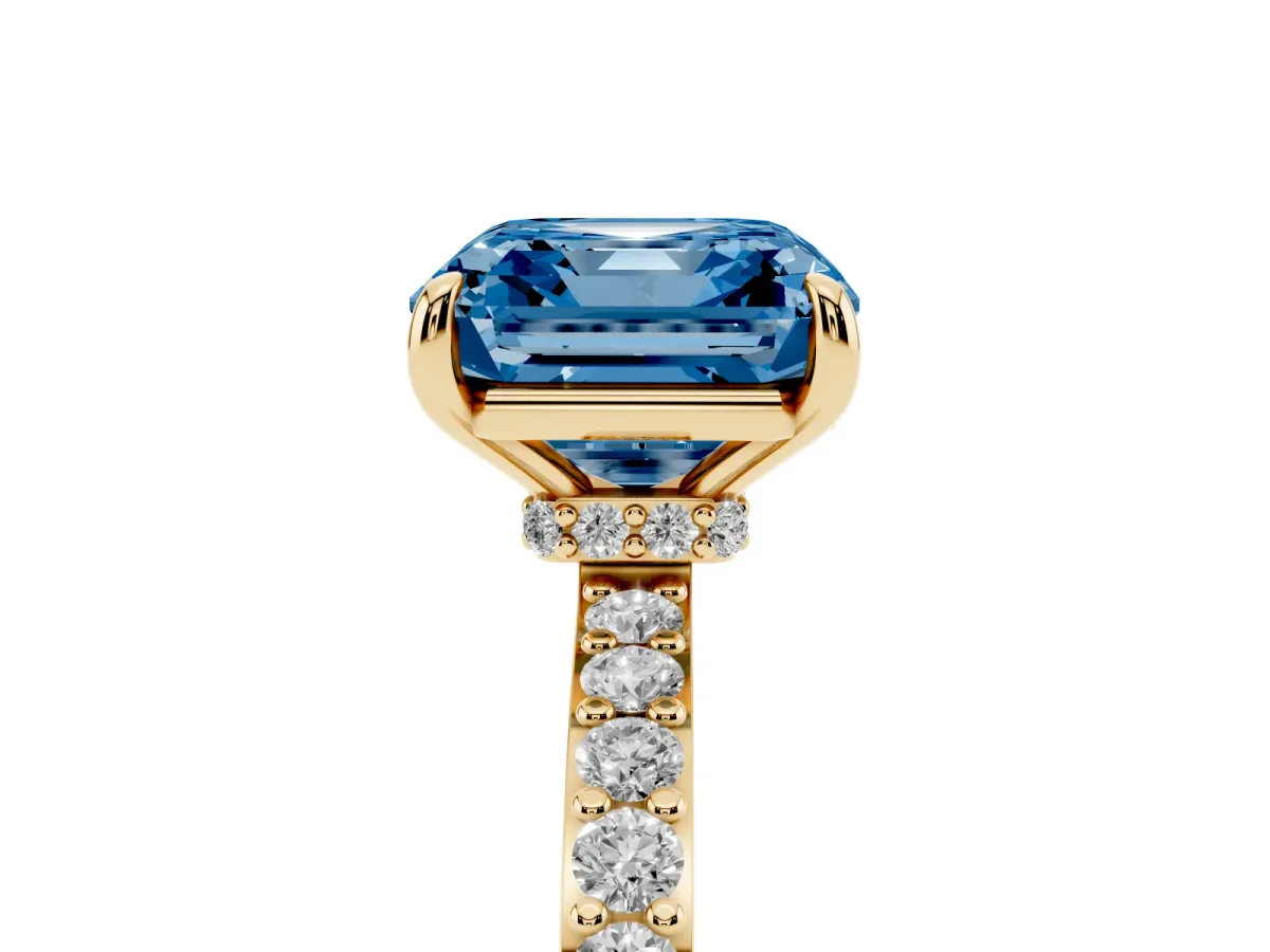 Fancy Blue Asscher Cut Diamond Pavé Engagement Ring with Round Accents and Prong Setting Yellow gold