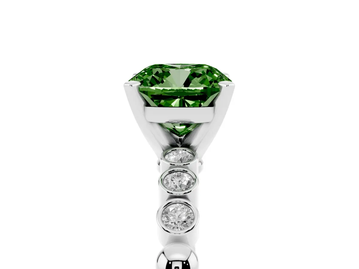 Fancy Green Cushion Cut Solitaire Bezel Accent Diamond Engagement Ring with Beaded Band and Four-Prong Setting Silver