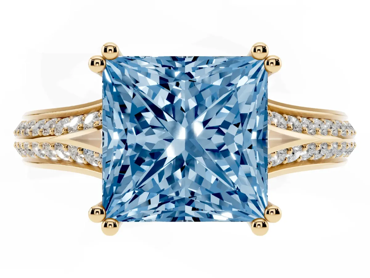 Fancy Blue Princess Cut Diamond Split Shank Engagement Ring with Pavé Band Yellow gold