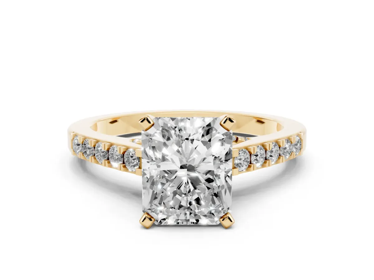 Radiant Cut Diamond Solitaire Ring with Crossover Gallery and Round Pavé Band Yellow gold