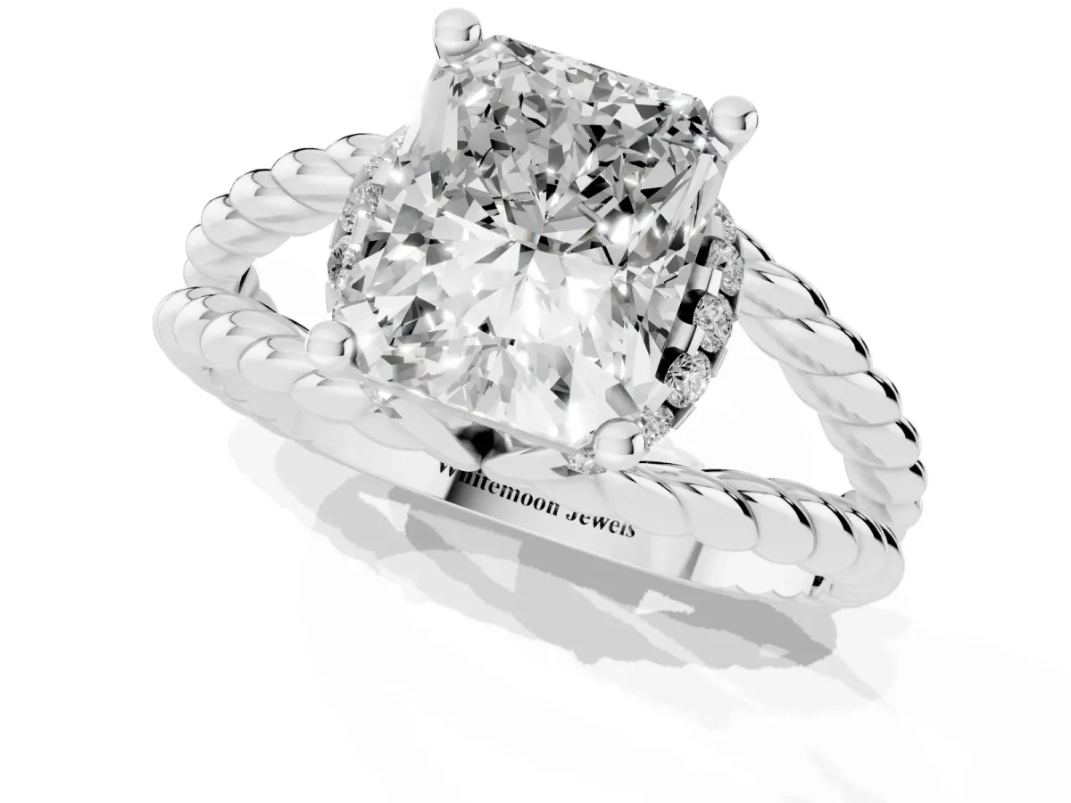 Radiant Cut Halo Twisted Band Four-Prong Ring Silver