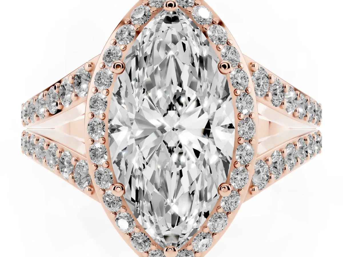 Marquise Cut Diamond Split Shank Halo Ring with Four-Prong Setting Rose gold