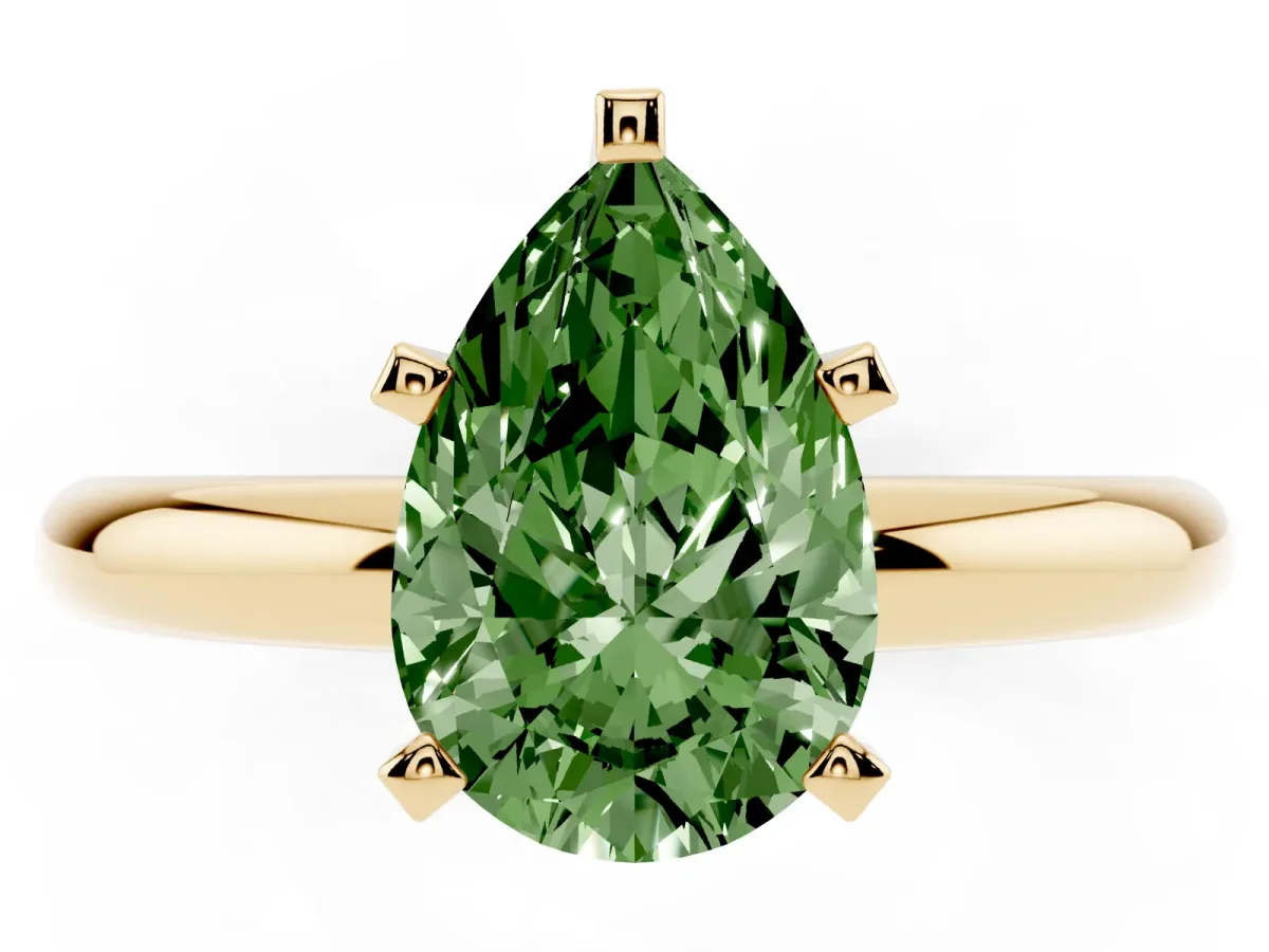 Fancy Green Pear Cut Diamond Solitaire Engagement Ring with Round Band and Four-Prong Setting Yellow gold