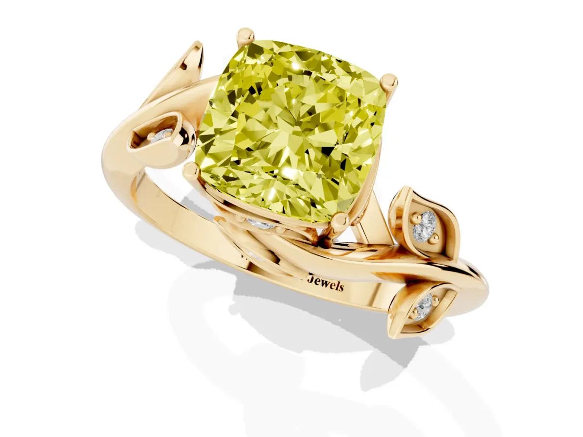 Fancy Yellow Cushion Cut Solitaire Twist Engagement Ring with Leaf Accents and Prong Setting Yellow gold