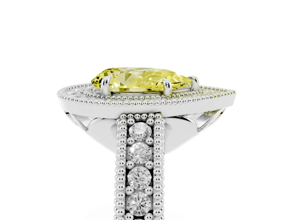Fancy Yellow Pear Cut Cut Halo Diamond Ring with Pavé Band and Four-Prong Setting White gold
