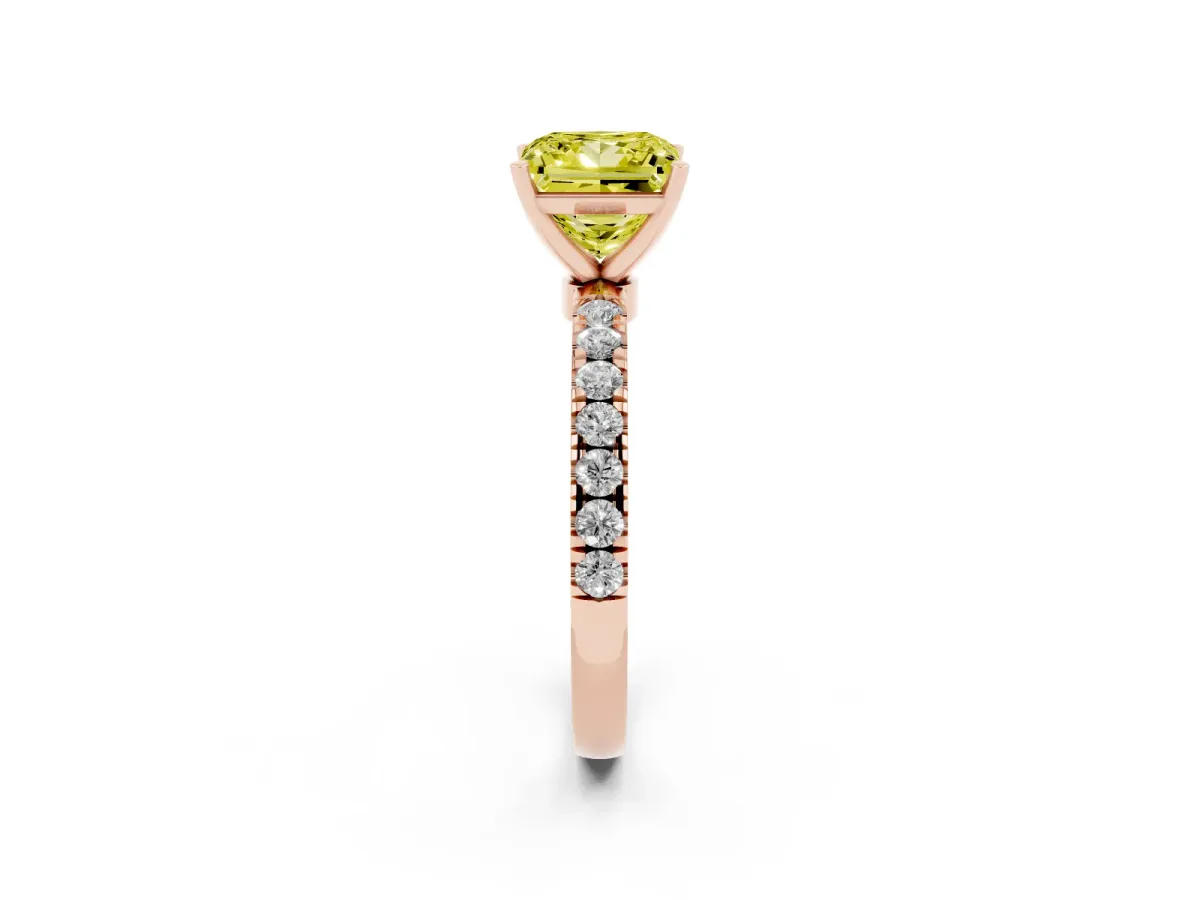 Fancy Yellow Princess Cut Diamond Solitaire Ring with Pavé Accents and Four-Prong Setting Rose gold