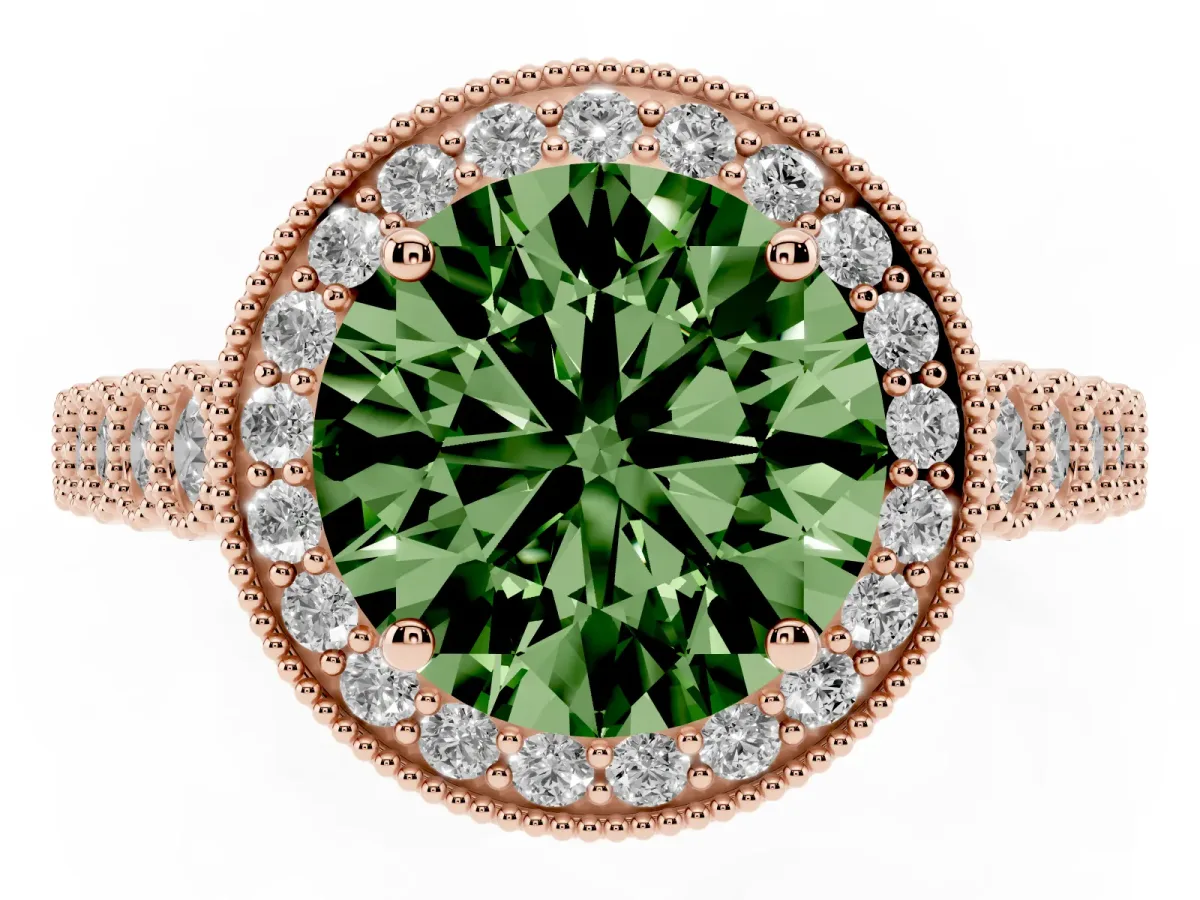 Fancy Green Round Cut Halo Milgrain Solitaire with Bezel Set Side Stones and Pave Band Rose gold