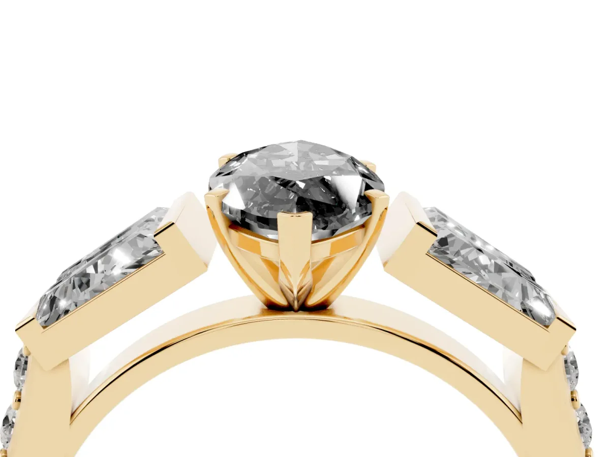 Fancy Black Marquise Cut Diamond Engagement Ring with Baguette Side Stones and Channel Set Band Yellow gold