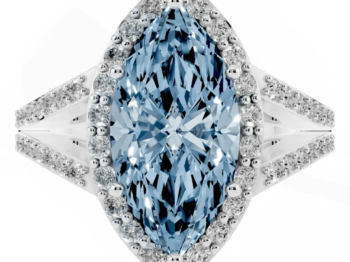 Fancy Blue Marquise Cut Halo Split Shank Pave Diamond Ring with Four-Prong Setting Platinum
