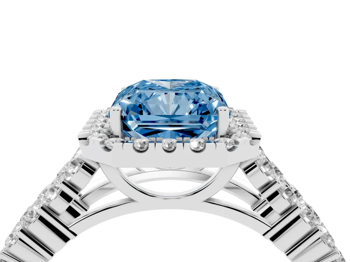 Fancy Blue Radiant Cut Diamond Halo Engagement Ring with Triple Row Round Pavé Band and Prong Setting White gold